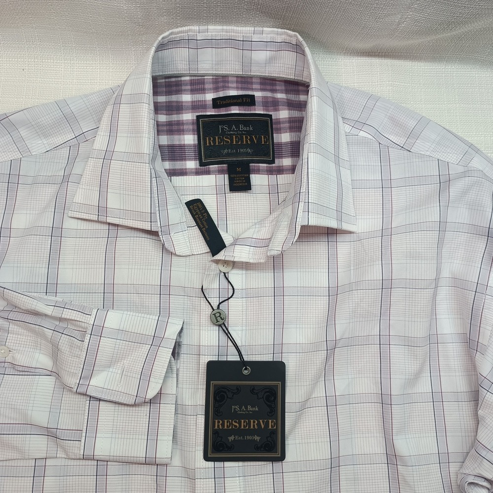 Jos A Bank Reserve Mens M White Windowpane Plaid Button Down Dress Shirt NWT